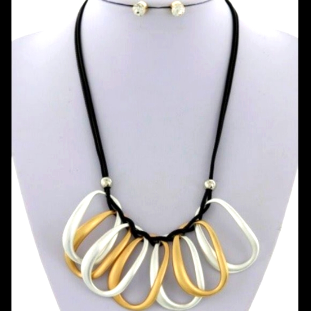 😊 Black Cord Matte Two Tone Multi Links Dangle  Necklace Set